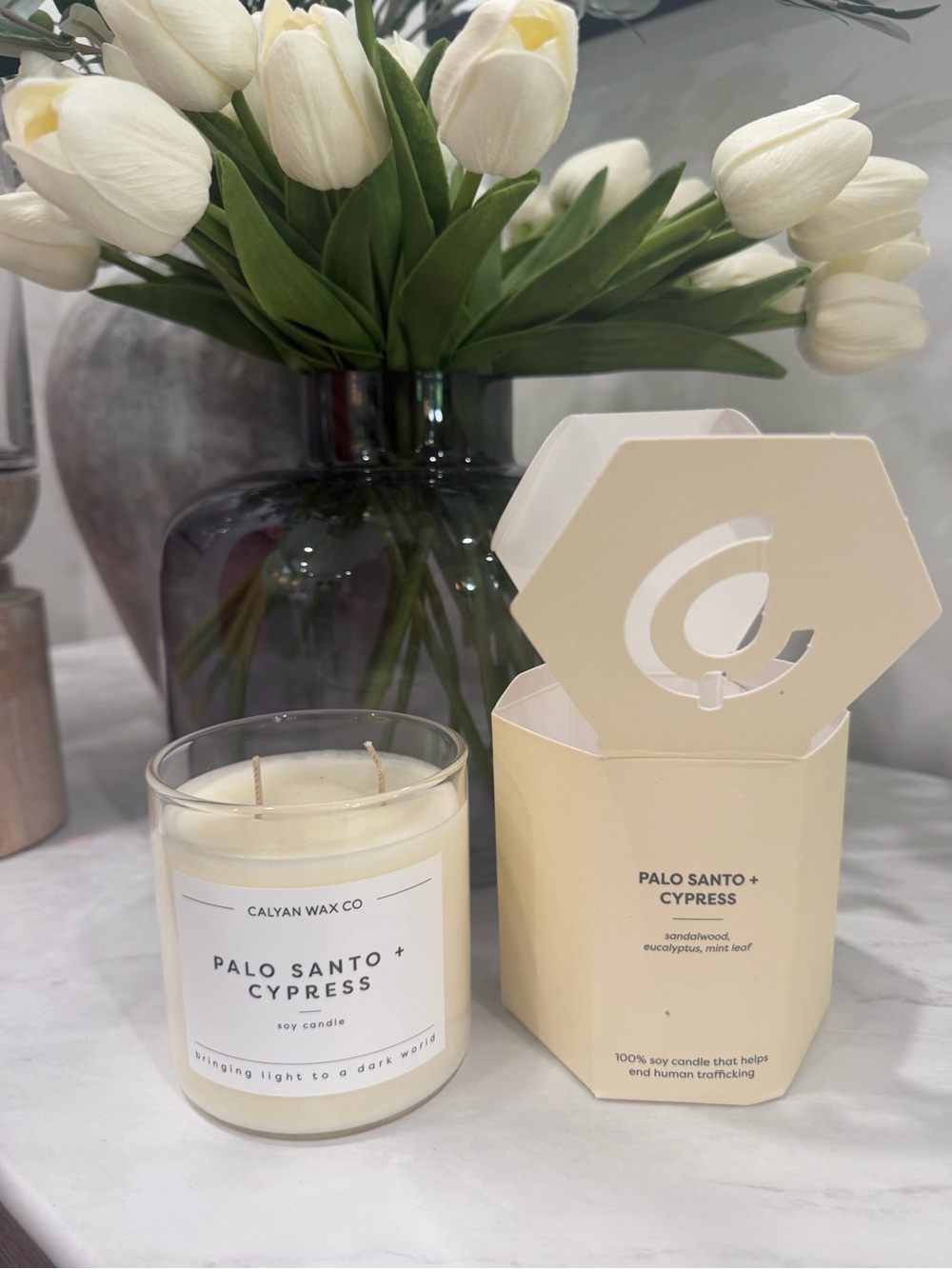 NIB Caylan Wax Co PALO SANTO + CYPRESS GLASS TUMBLER SOY CANDLE